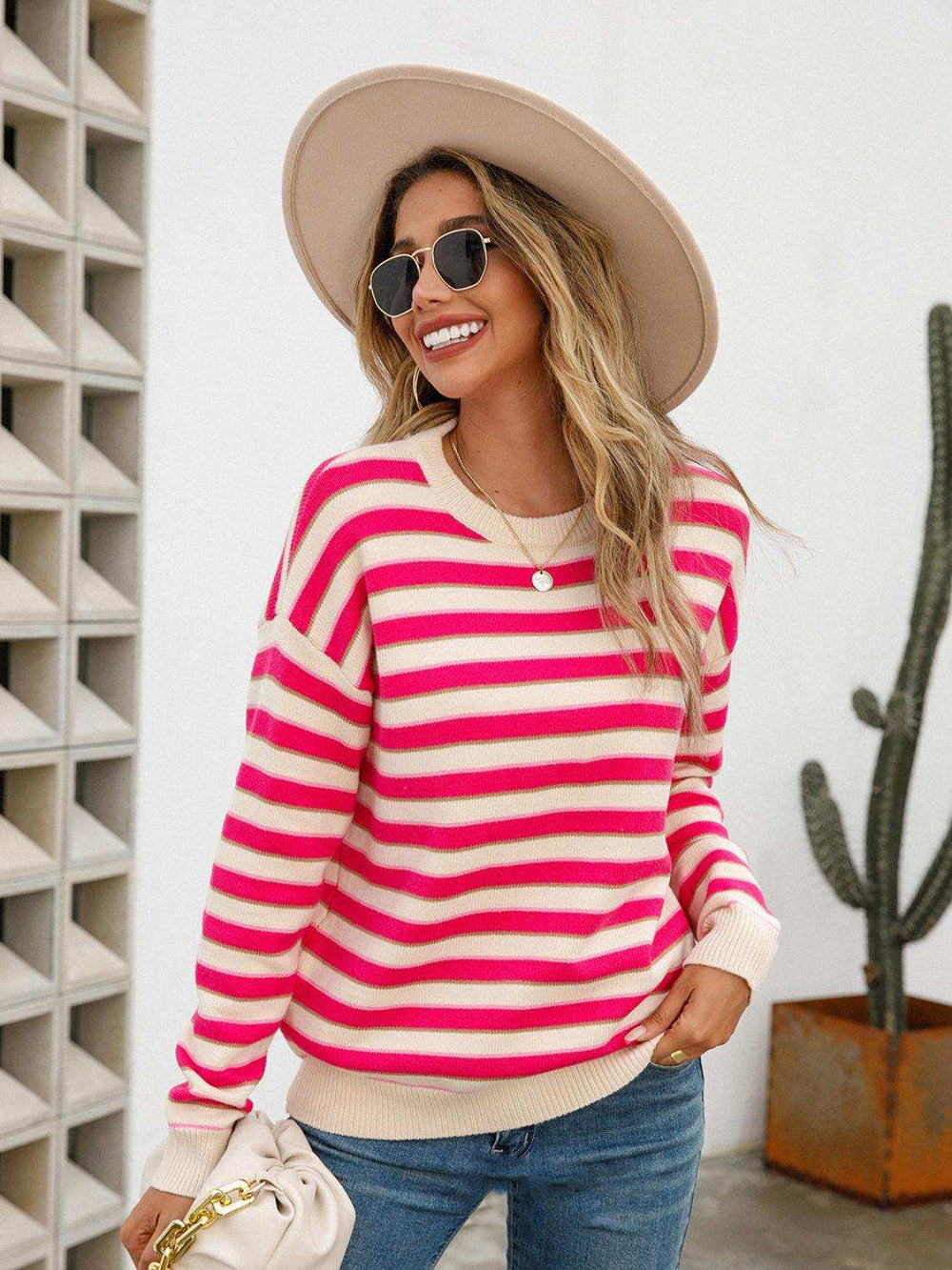 Striped Drop Shoulder Knit Top - Trendsi - Flyclothing LLC