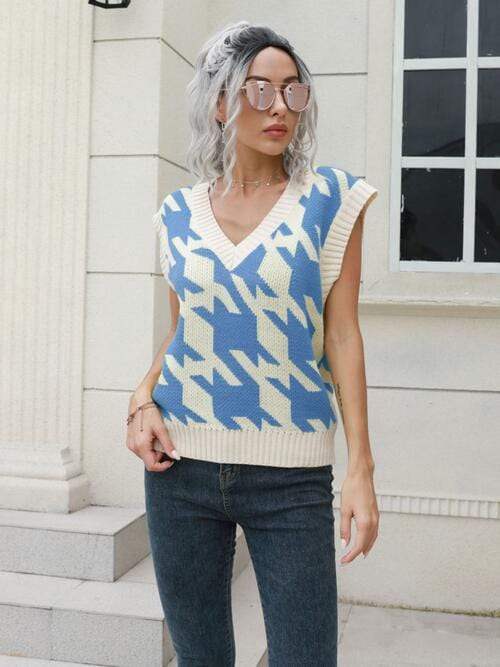 Houndstooth V-Neck Sweater Vest - Trendsi - Flyclothing LLC