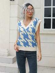 Houndstooth V-Neck Sweater Vest - Trendsi