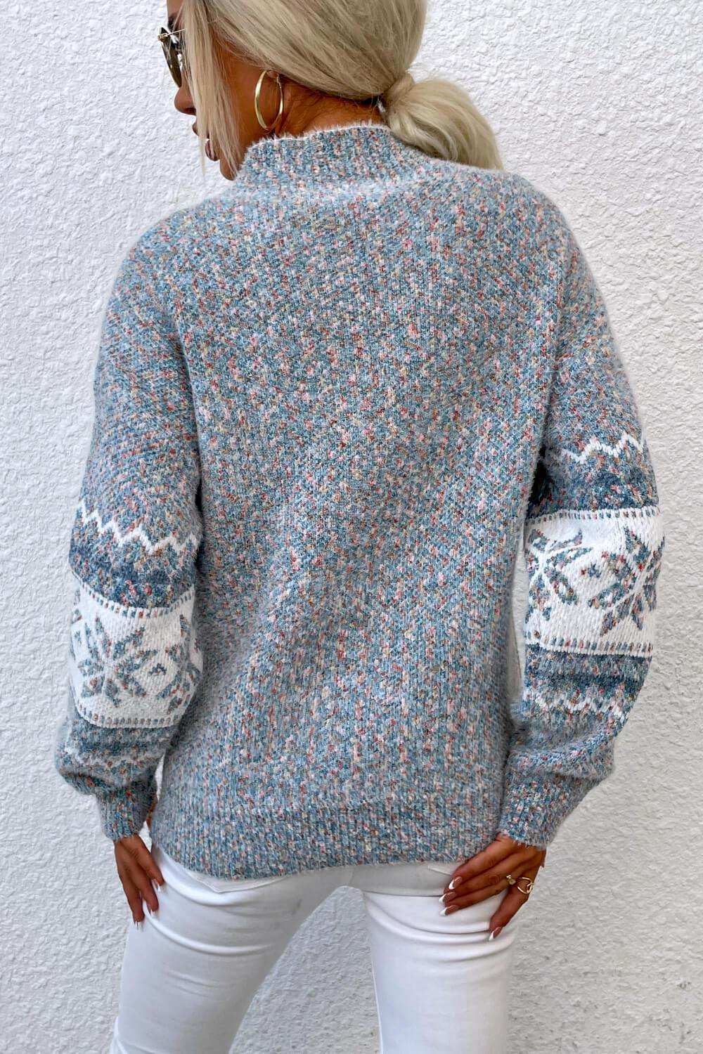 Snowflake Pattern Mock Neck Sweater - Trendsi - Flyclothing LLC