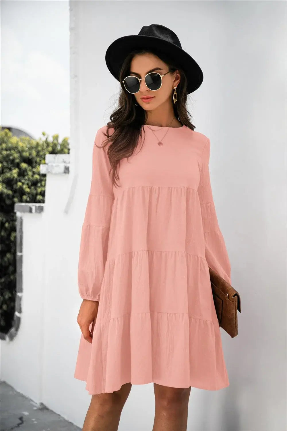 Balloon Sleeve Keyhole Tiered Dress - Trendsi - Flyclothing LLC