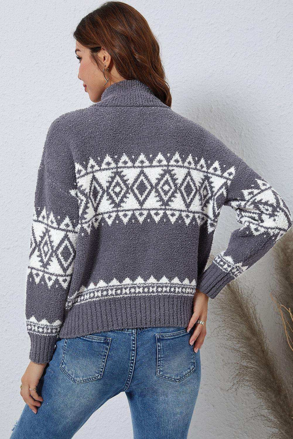 Zip-Up Geometrical Pattern Pullover Sweater - Trendsi - Flyclothing LLC