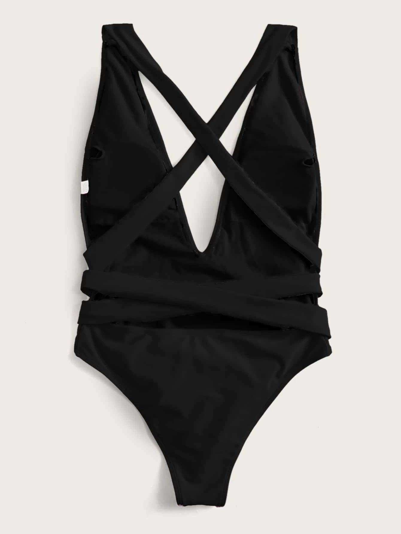 Halter Neck Deep V Tied One-Piece Swimsuit - Trendsi - Flyclothing LLC