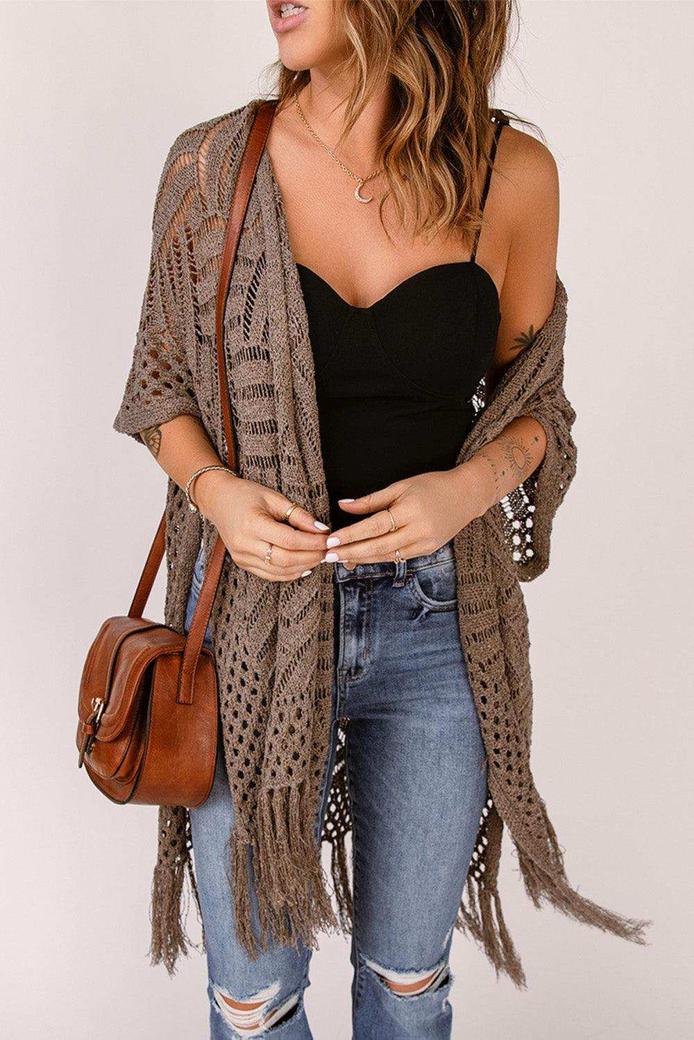 Fringe Hem Slit Open Front Cardigan - Trendsi - Flyclothing LLC