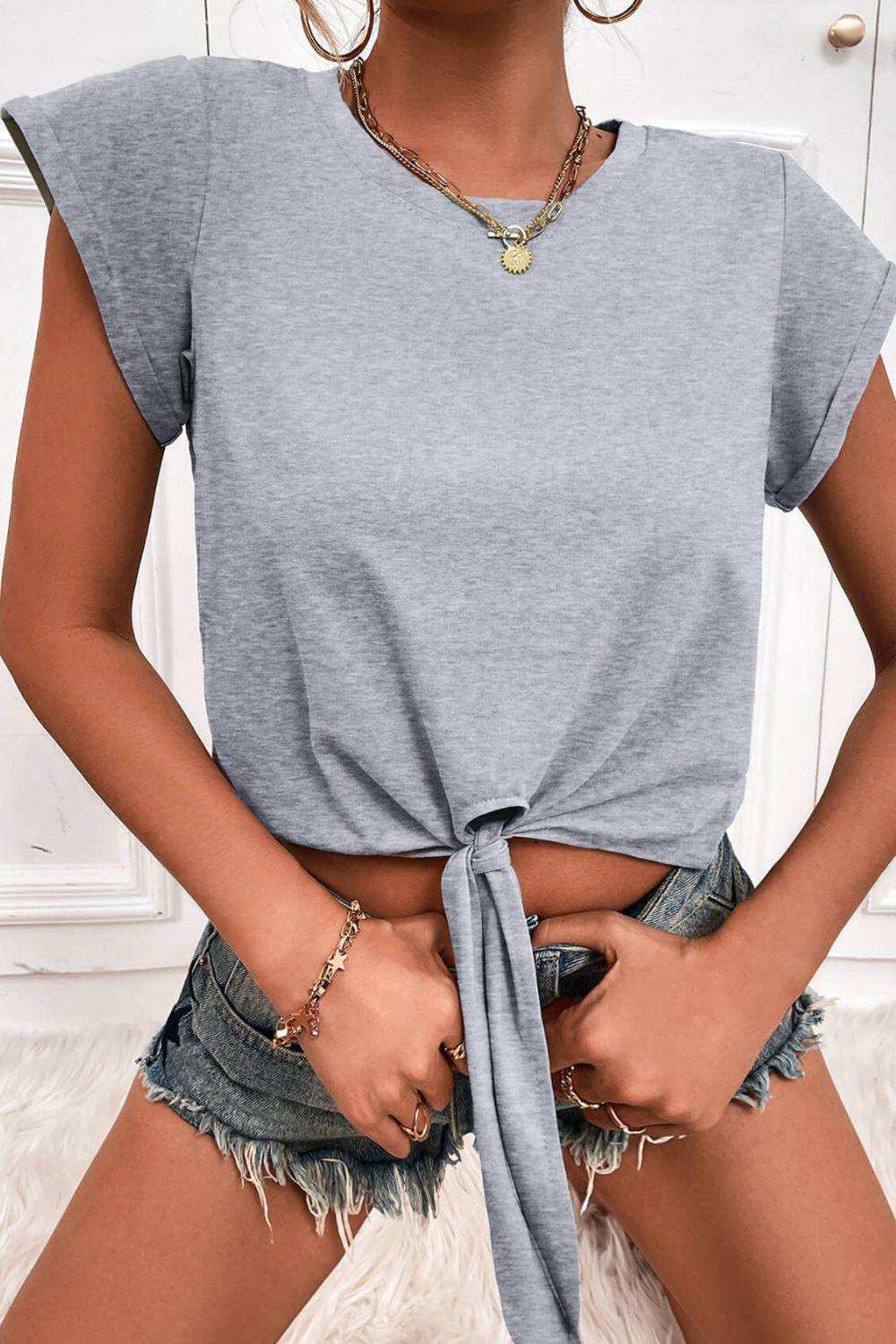 Tied Round Neck Crop Tee - Trendsi - Flyclothing LLC