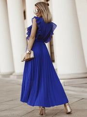 Tied Surplice Cap Sleeve Pleated Dress - Flyclothing LLC