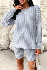 Ribbed Round Neck Dropped Shoulder Top and Shorts Set - Trendsi - Flyclothing LLC
