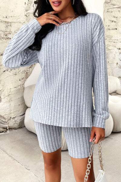 Ribbed Round Neck Dropped Shoulder Top and Shorts Set - Trendsi - Flyclothing LLC