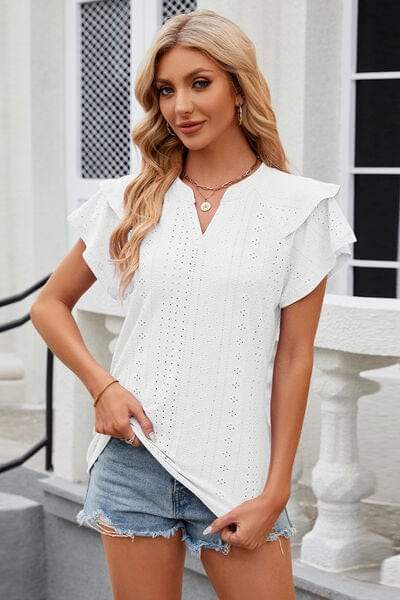 Eyelet Notched Short Sleeve T-Shirt - Trendsi - Flyclothing LLC