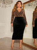 Plus Size Surplice Neck Long Sleeve Slit Dress - Trendsi