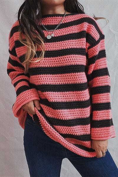 Striped Round Neck Dropped Shoulder Sweater - Flyclothing LLC