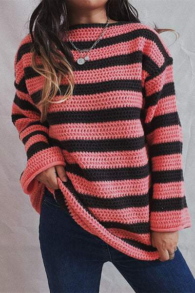 Striped Round Neck Dropped Shoulder Sweater - Trendsi - Flyclothing LLC