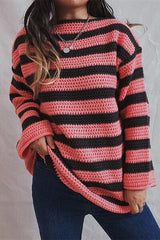 Striped Round Neck Dropped Shoulder Sweater - Flyclothing LLC