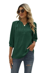 Swiss Dot Notched Neck Three-Quarter Sleeve Blouse - Trendsi - Flyclothing LLC