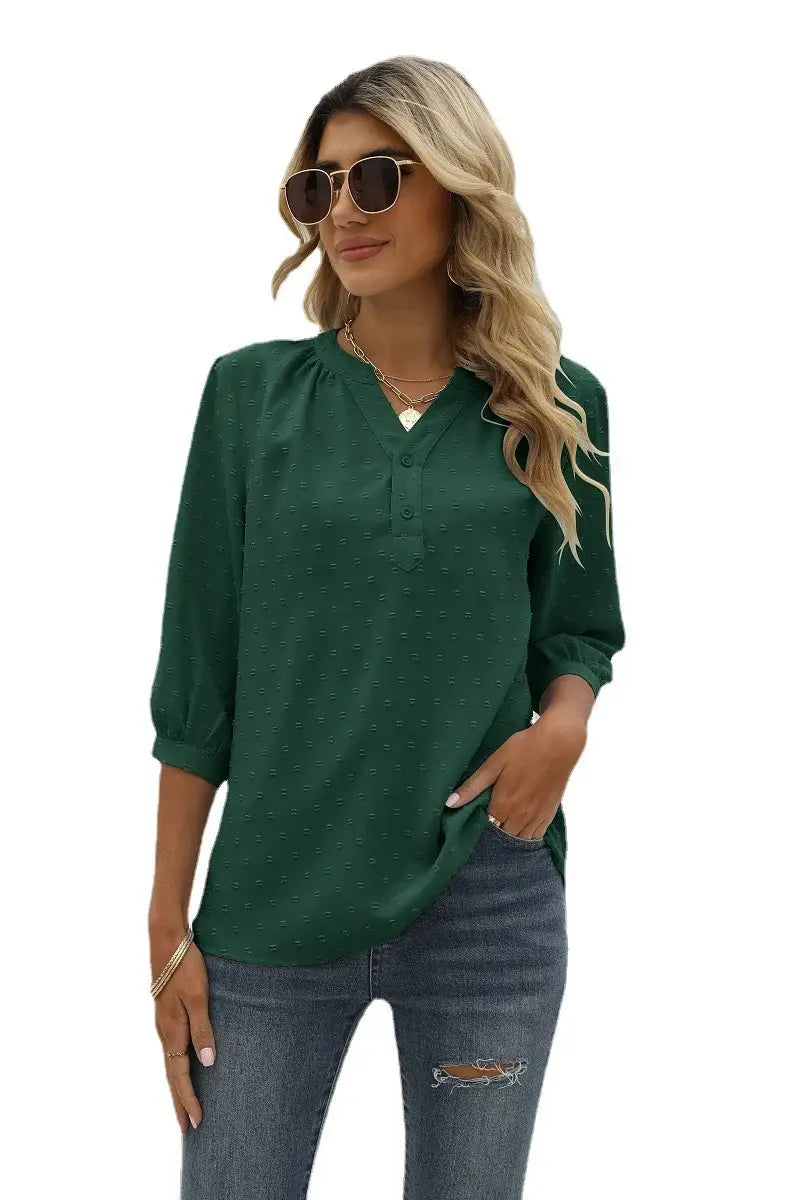 Swiss Dot Notched Neck Three-Quarter Sleeve Blouse - Trendsi - Flyclothing LLC