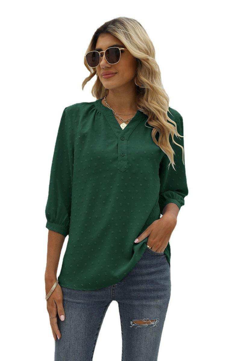 Swiss Dot Notched Neck Three-Quarter Sleeve Blouse - Trendsi - Flyclothing LLC