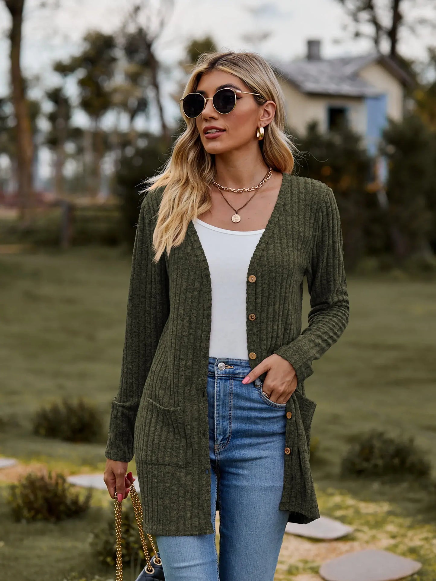 Ribbed Button-UP Caradigan with Pockets - Trendsi - Flyclothing LLC