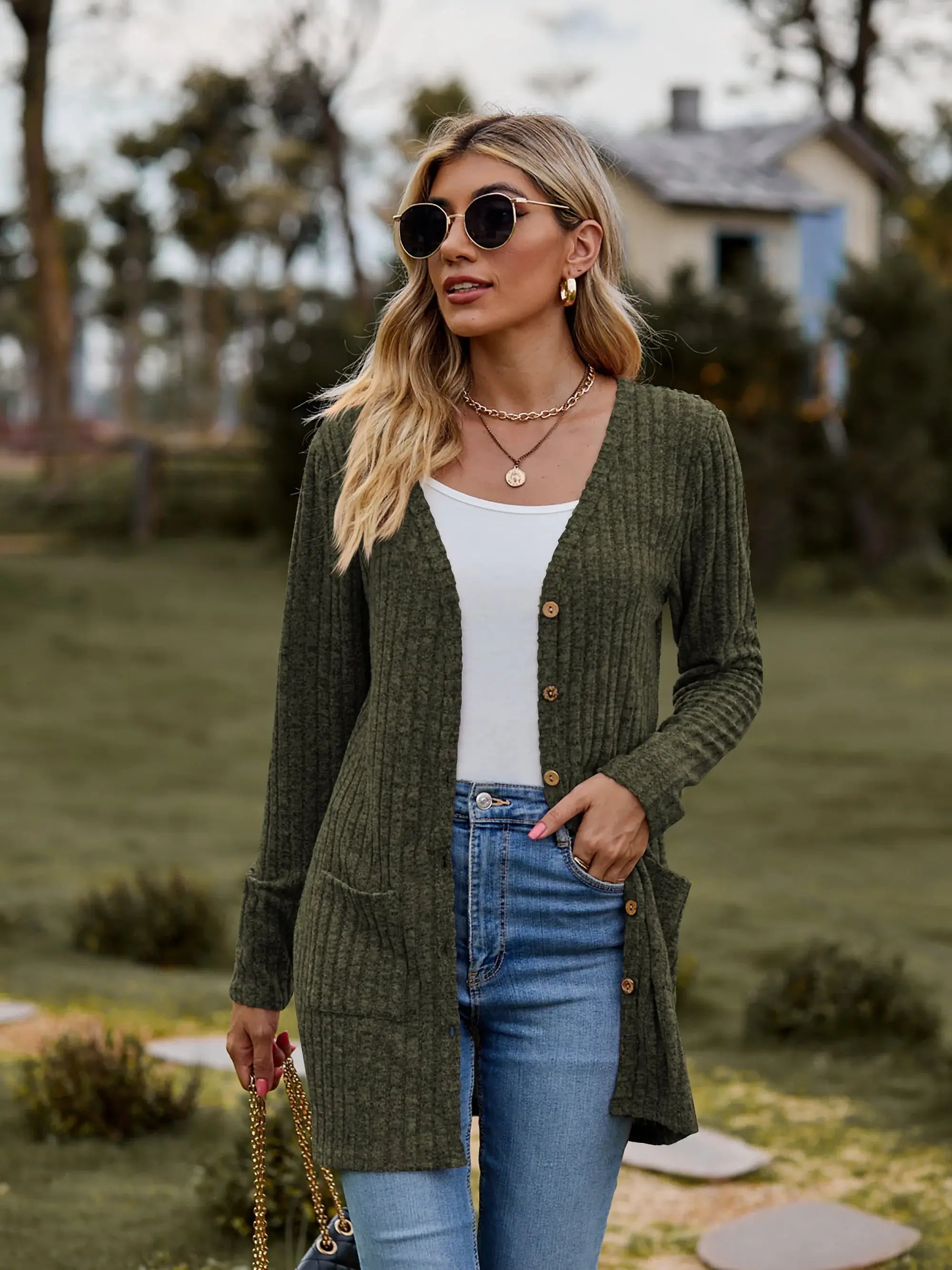 Ribbed Button-UP Caradigan with Pockets - Trendsi - Flyclothing LLC
