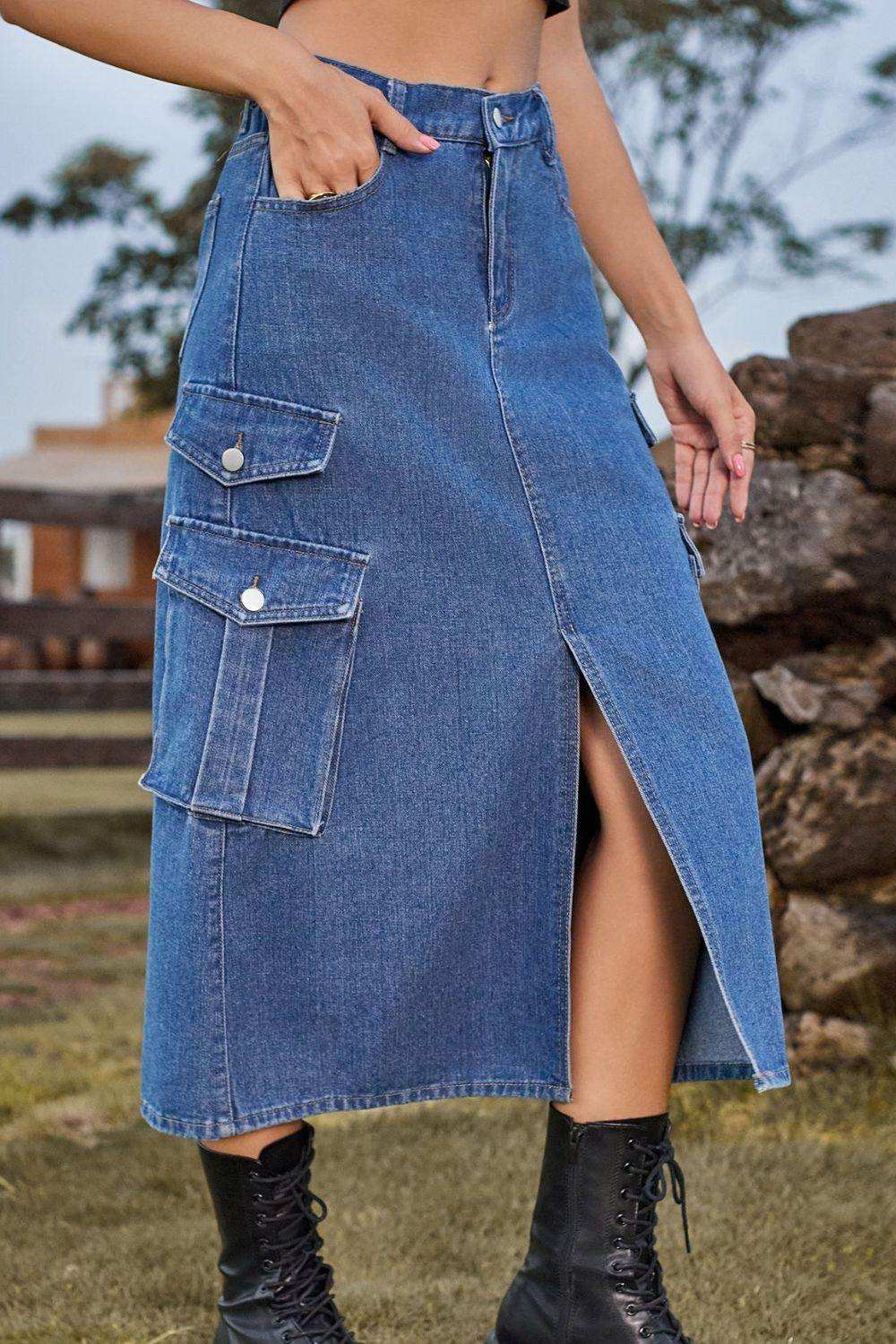 Slit Front Midi Denim Skirt with Pockets - Trendsi - Flyclothing LLC