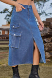 Slit Front Midi Denim Skirt with Pockets - Trendsi