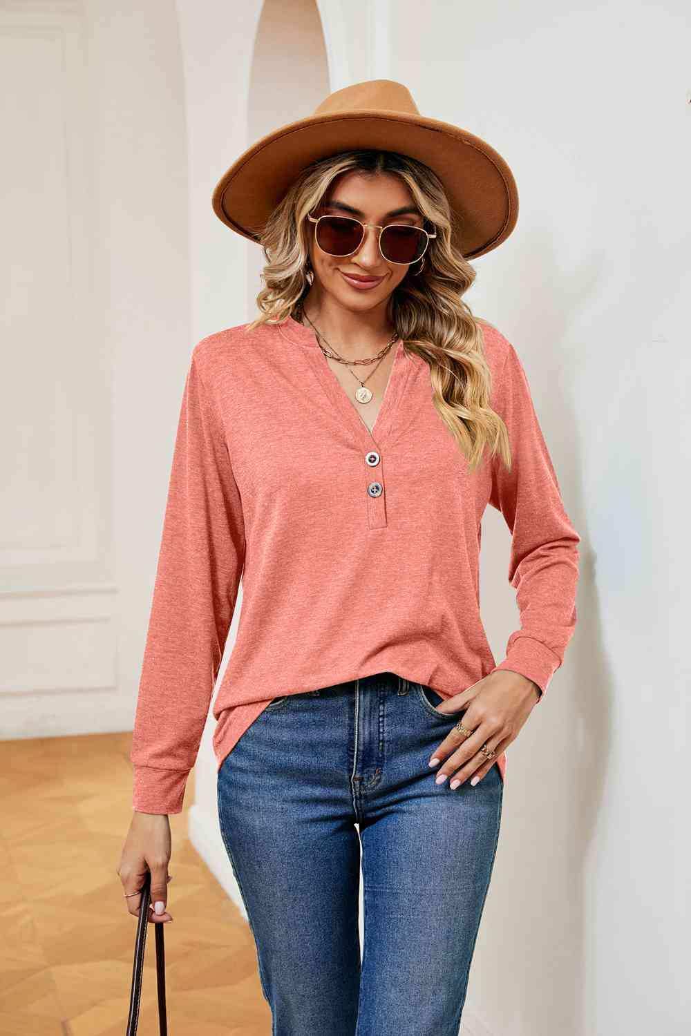 Buttoned Notched Neck Long Sleeve Top - Trendsi - Flyclothing LLC