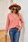 Buttoned Notched Neck Long Sleeve Top - Trendsi - Flyclothing LLC
