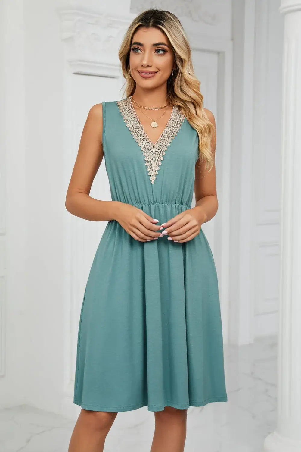 Contrast V-Neck Sleeveless Dress - Trendsi - Flyclothing LLC