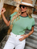 Contrast Round Neck Short Sleeve Knit Top - Trendsi - Flyclothing LLC