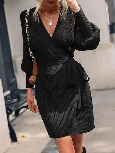 Open Front Lantern Sleeve Tied Cardigan - Trendsi