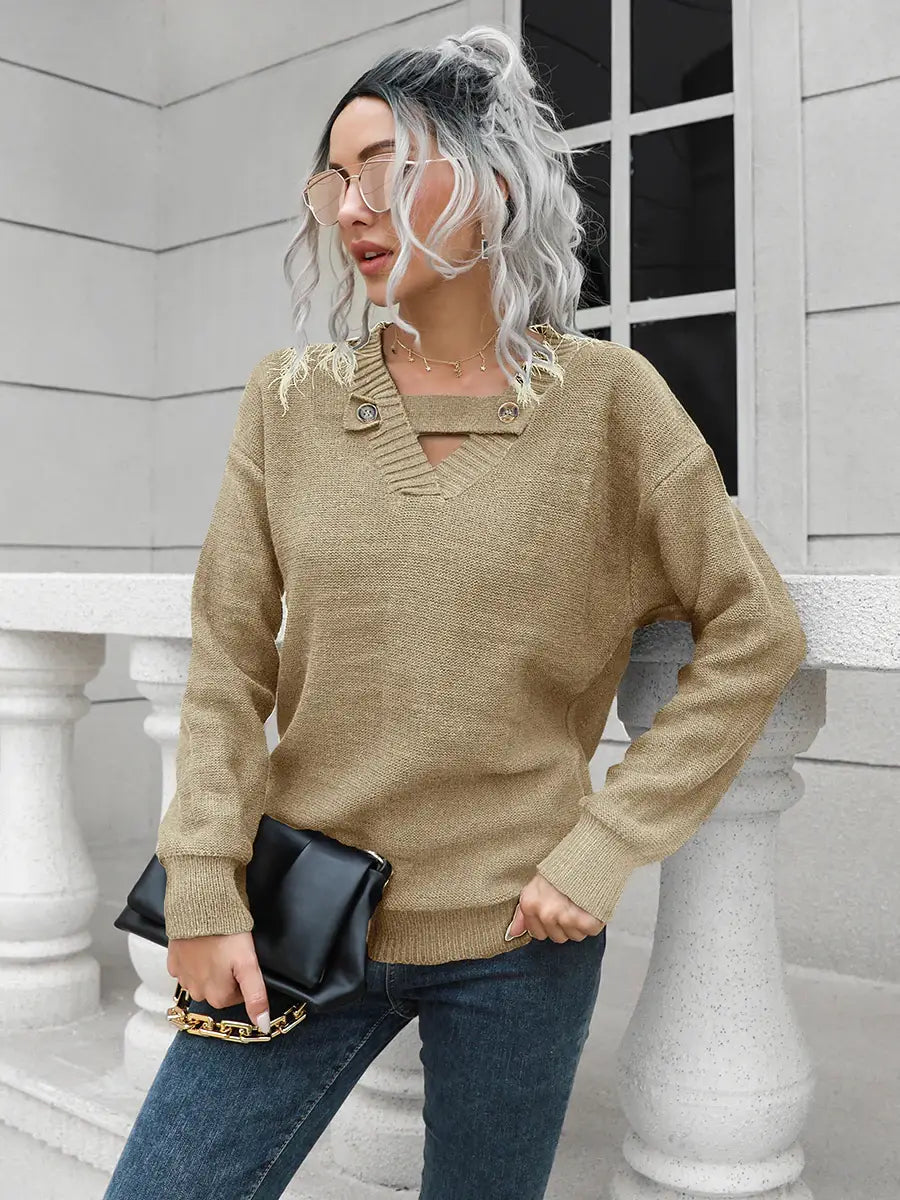 Dropped Shoulder Button Detail Sweater - Trendsi - Flyclothing LLC