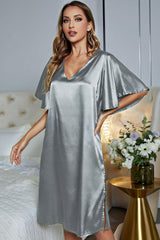 Satin Flutter Sleeve Side Slit V-Neck Night Dress - Trendsi