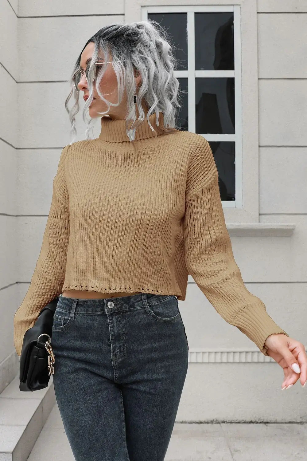 Turtleneck Dropped Shoulder Sweater - Trendsi - Flyclothing LLC