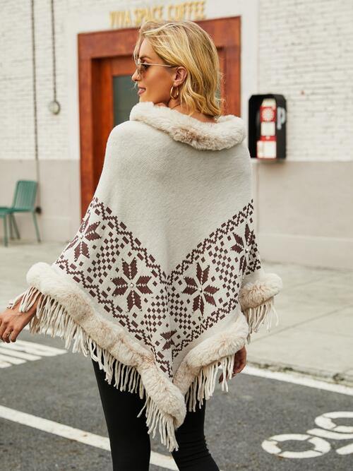 Fringe Geometric Cape Sleeve Poncho - Trendsi