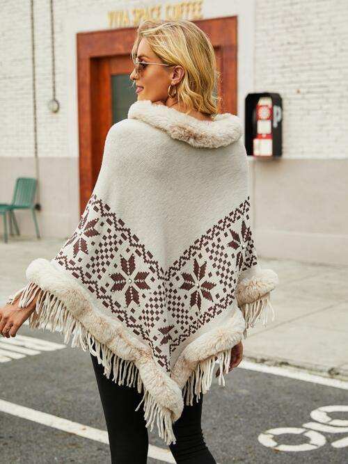 Fringe Geometric Cape Sleeve Poncho - Trendsi - Flyclothing LLC