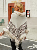 Fringe Geometric Cape Sleeve Poncho - Trendsi