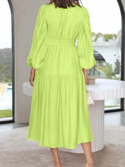 Deep V-Neck Balloon Sleeve Plain Maxi Dress - Trendsi