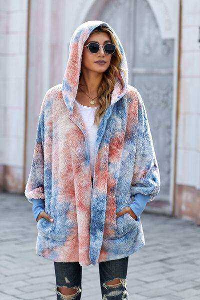 Tie-Dye Plush Hooded Jacket with Pockets - Trendsi - Flyclothing LLC