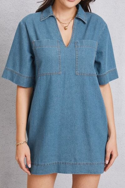 Pocketed Collared Neck Mini Denim Dress - Trendsi
