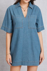Pocketed Collared Neck Mini Denim Dress - Trendsi