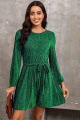 Round Neck Tie Front Long Sleeve Dress - Trendsi - Flyclothing LLC