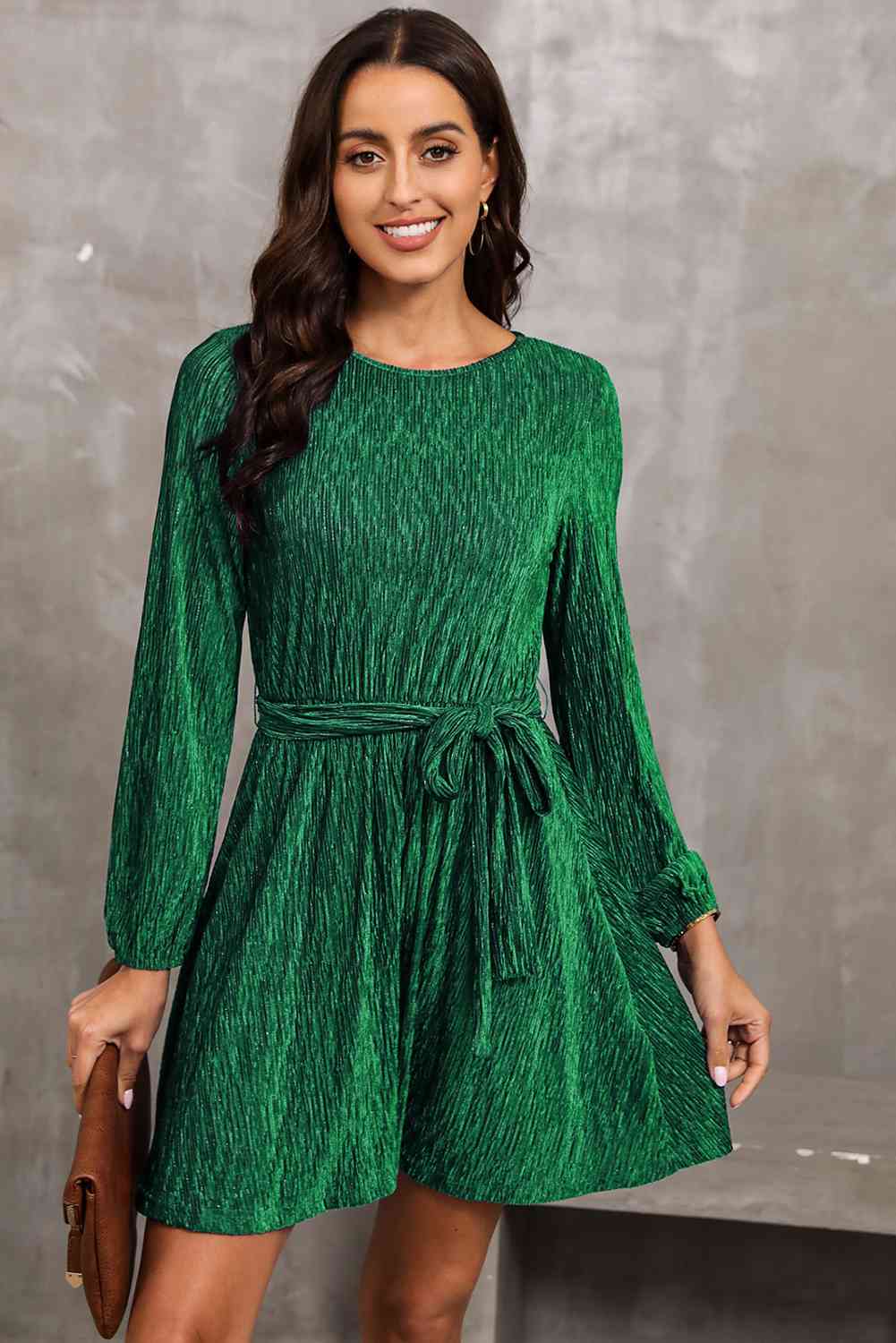 Round Neck Tie Front Long Sleeve Dress - Trendsi - Flyclothing LLC