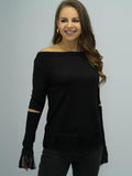Full Size Off-Shoulder Cutout Fringe Hem Top - Trendsi