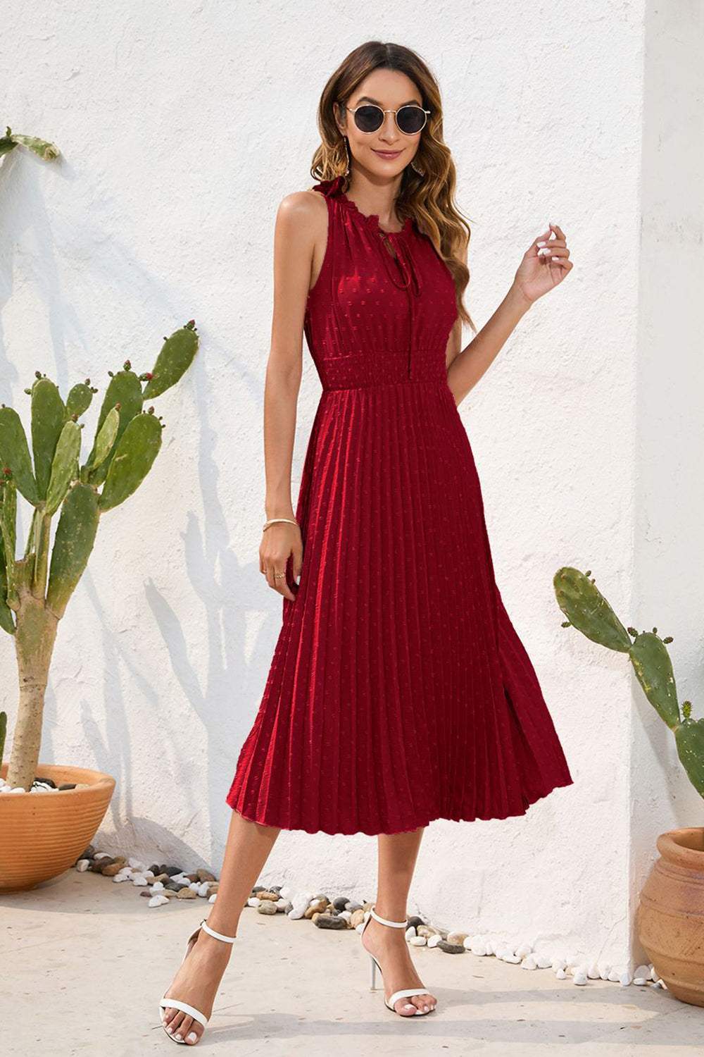 Swiss Dot Tie Neck Sleeveless Dress - Trendsi - Flyclothing LLC
