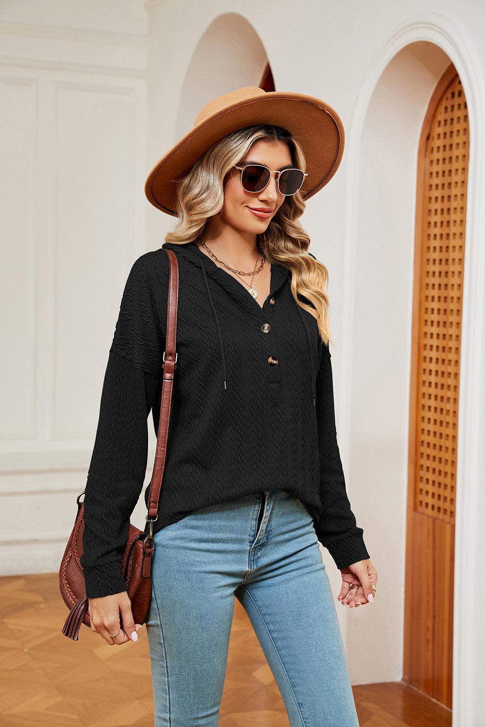 Half-Button Dropped Shoulder Hoodie - Trendsi