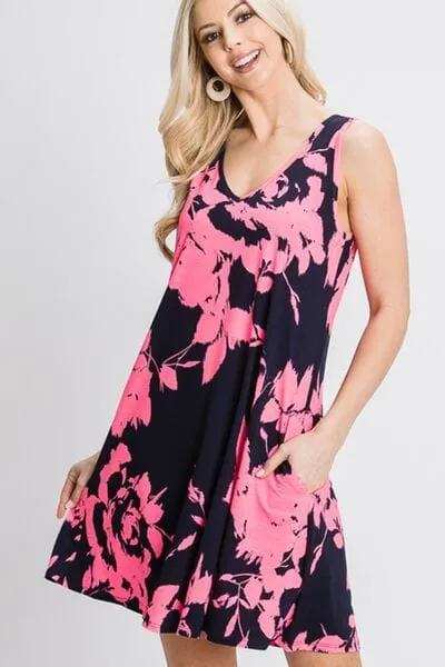 Heimish Full Size Floral V-Neck Tank Dress with Pockets - Trendsi - Flyclothing LLC