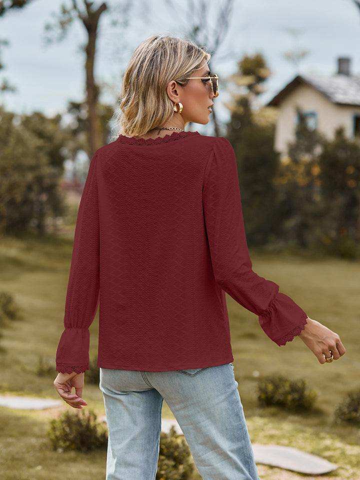V-Neck Flounce Sleeve Blouse - Trendsi - Flyclothing LLC