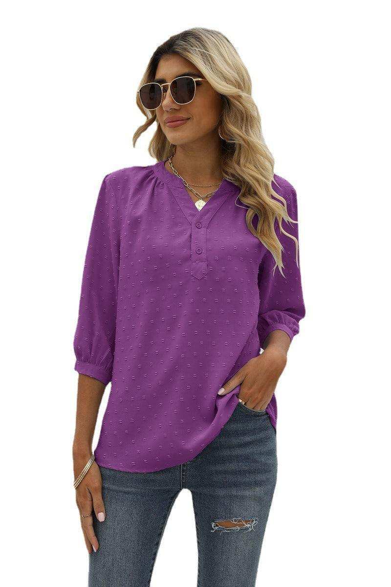 Swiss Dot Notched Neck Three-Quarter Sleeve Blouse - Trendsi - Flyclothing LLC