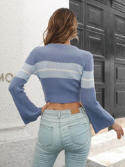 Ribbed Color Block Round Neck Cropped Sweater - Trendsi