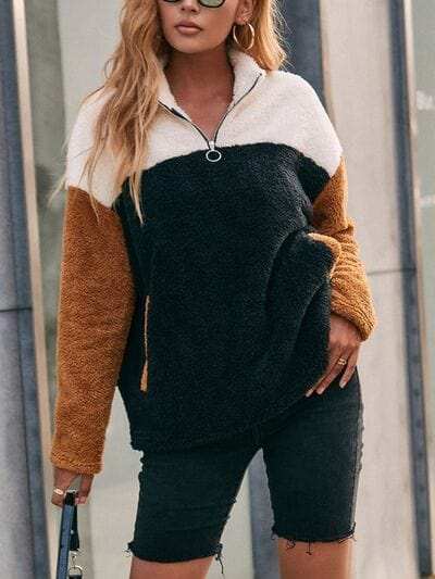 Color Block Quarter Zip Dropped Shoulder Sweatshirt - Trendsi - Flyclothing LLC