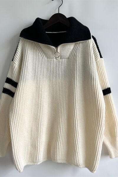 Quarter Zip Striped Dropped Shoulder Sweater - Trendsi